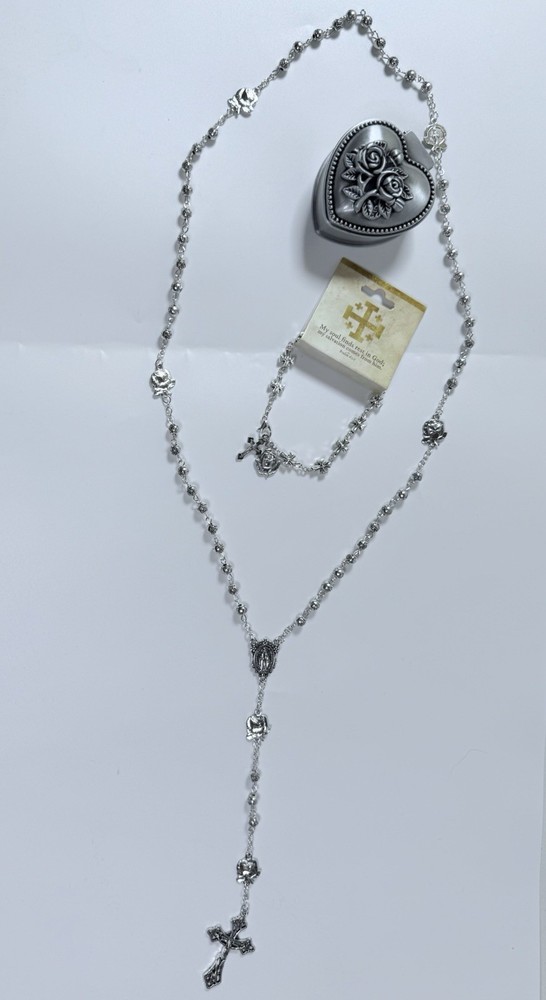 Real Silver Plated Chain Cross Rose Beads Catholic With Bracelet &Box Crucifix