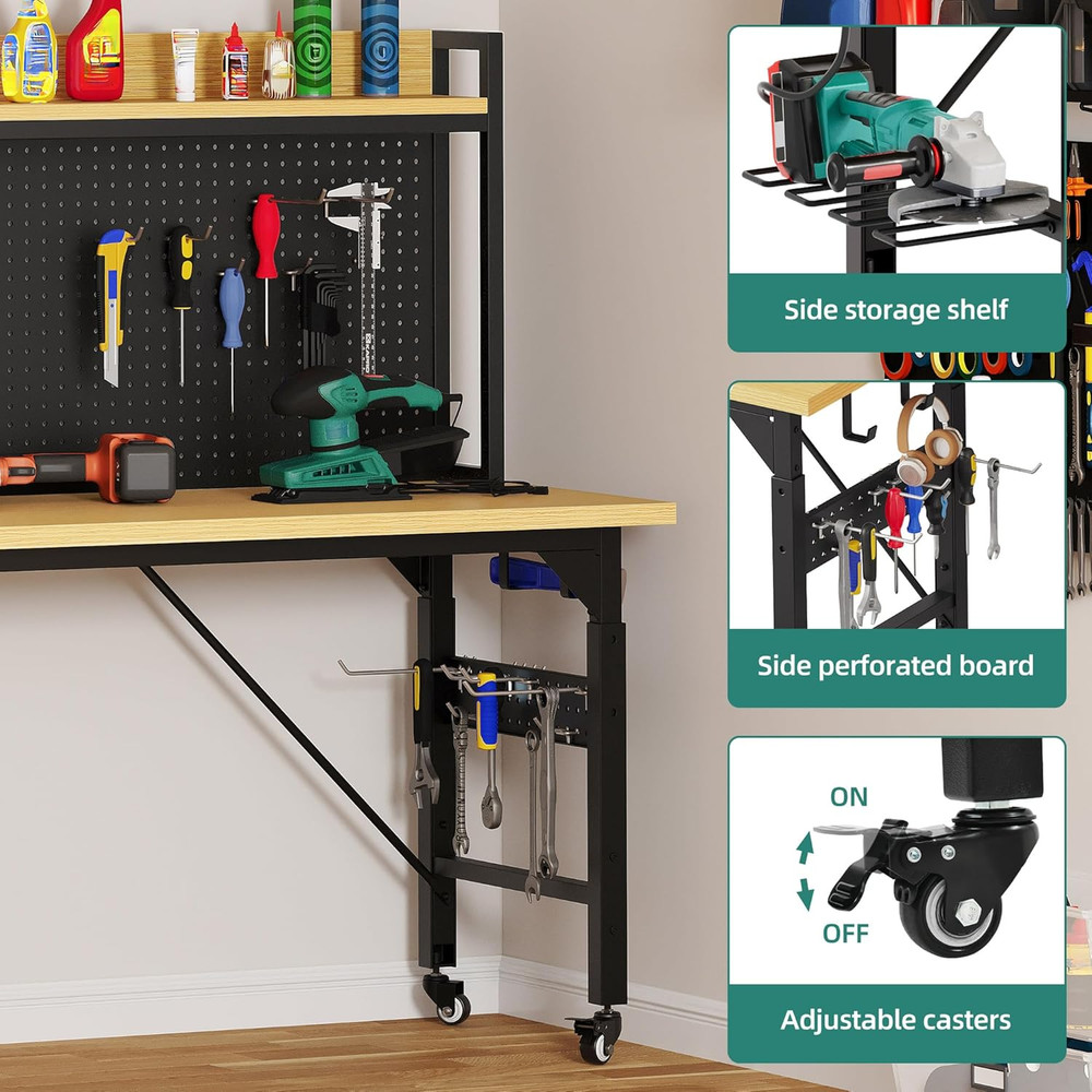 YITAHOME 60" Adjustable Workbench with Pegboard, Wheels & 1600 LB Capacity, Roll