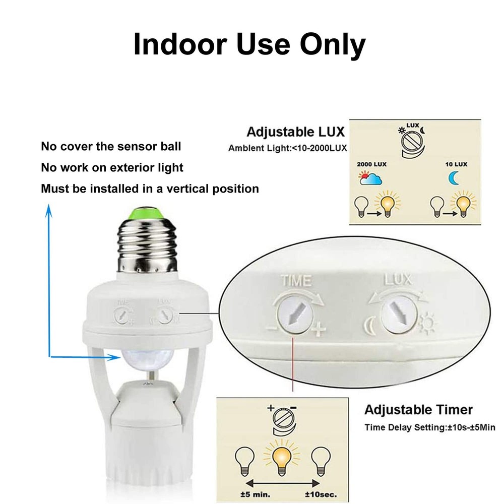 2 pack Screw-In Motion Detector Sensor Light Socket 360° up to 25' All E26 Bulb
