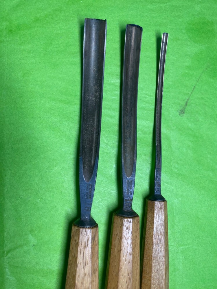Set of 3 Henry Taylor #18 Bent Gouges - Splits are 1/2, 3/8 and 1/8 inches