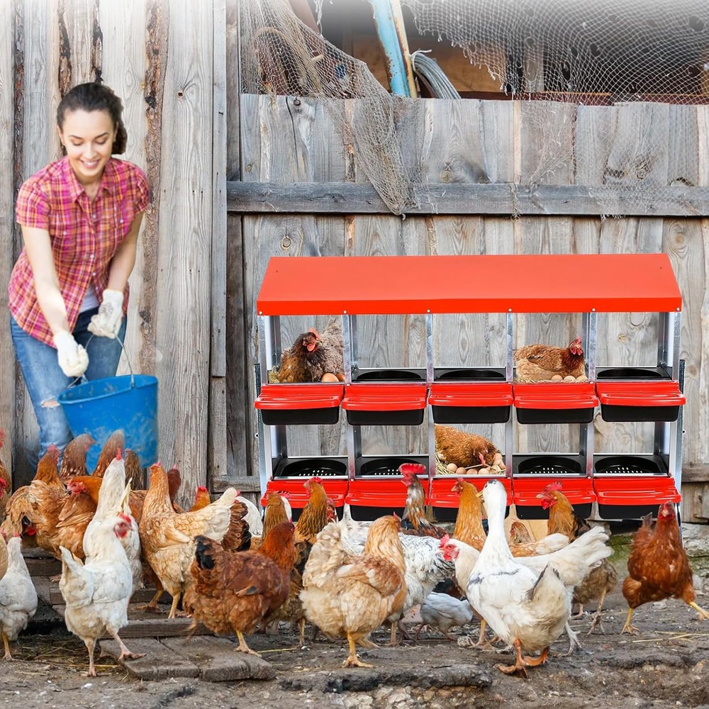 10 Compartment 2-Tier Chicken Nesting Boxes Coop Chicken Egg Laying Box Red