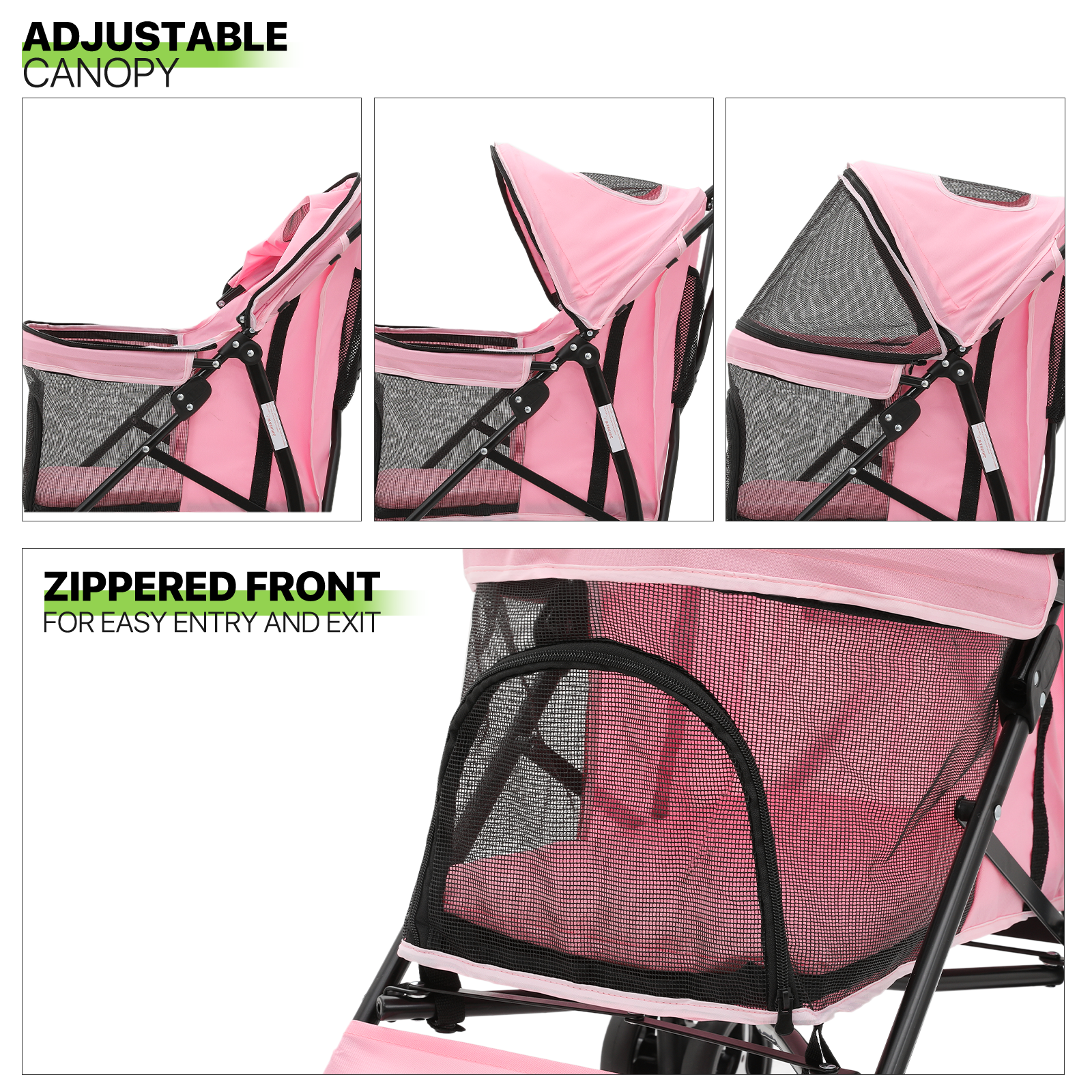 Foldable Pink Dog Stroller Adjustable Canopy Breathable Pet Travel Carrier Cart
