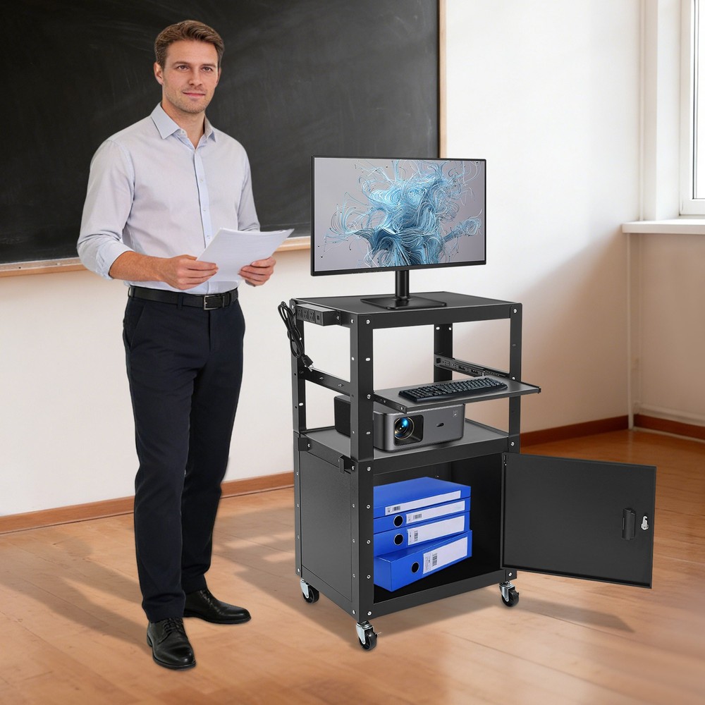 Portable Av Cart Multipurpose Rolling Small Office Laptop Table w/ Power Socket