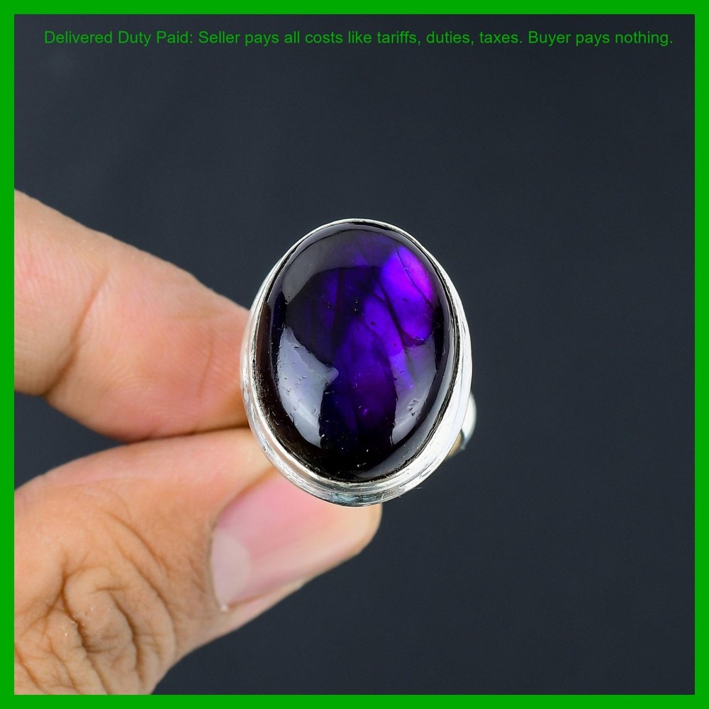 Purple Fire Labradorite Gemstone Sterling Silver Birthday Stackable Elegant Ring