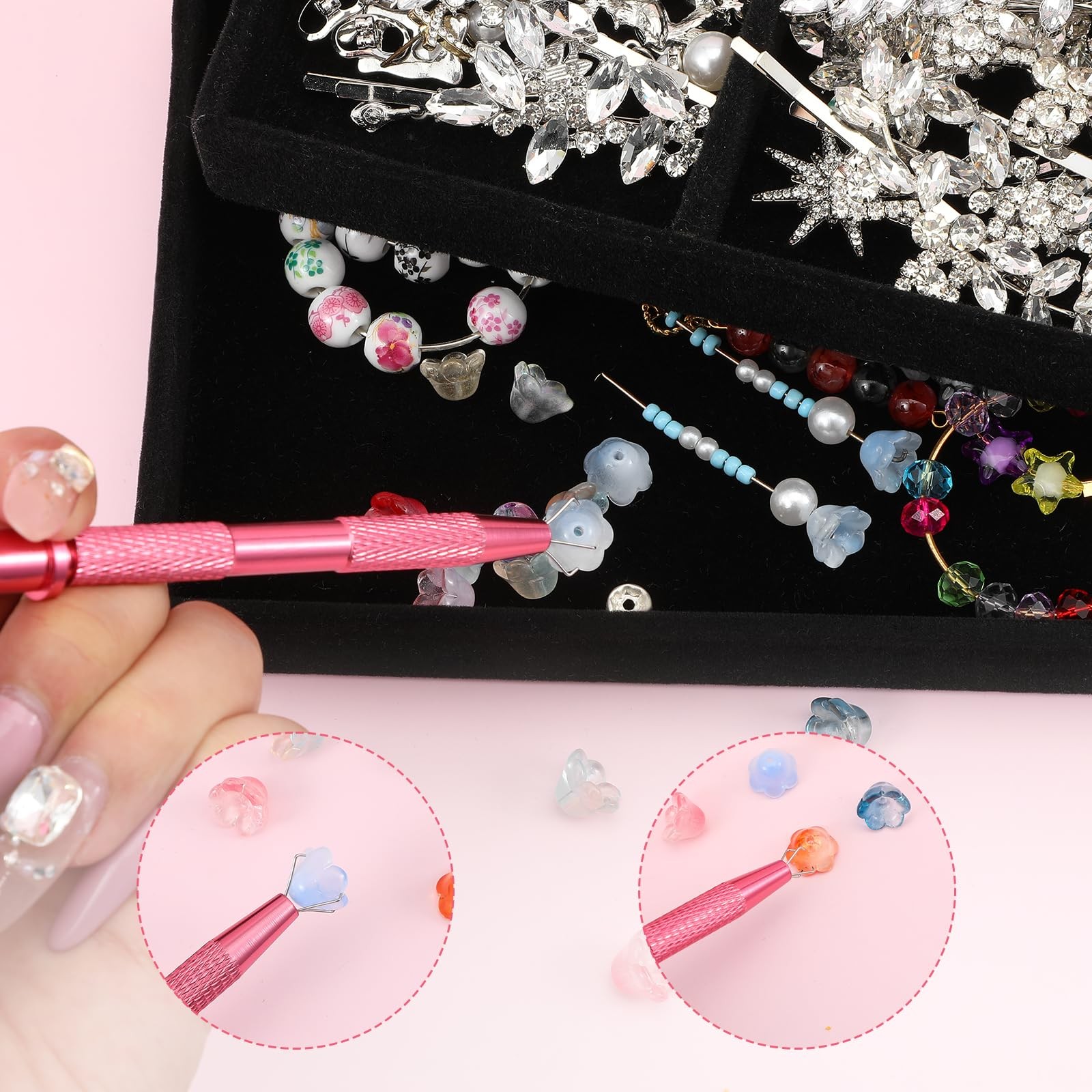 YBEATY 4 Pcs Jeweler's Pick Up Tool Stainless 2.4 × 0.31 × 0.31, Pink, Silver