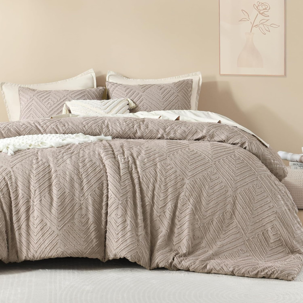 King Size Light Coffee Tufted Boho Comforter Set, 3 Pieces