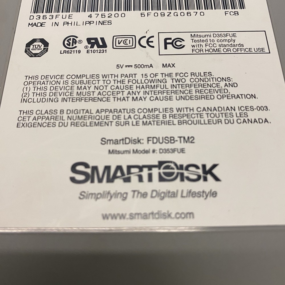 SmartDisk FDUSB-TM2 3 1/2” Floppy Disk Reader Untested Very Clean