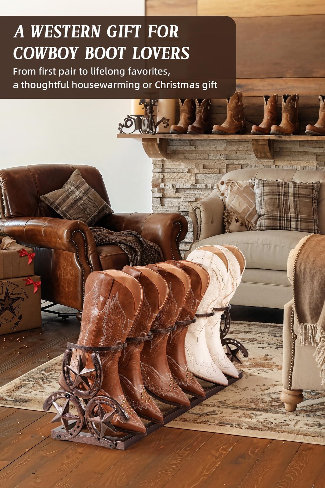 Western Horseshoe Boot Rack, 3 Pairs Freestanding Metal Boot Stand, Adjustabl...