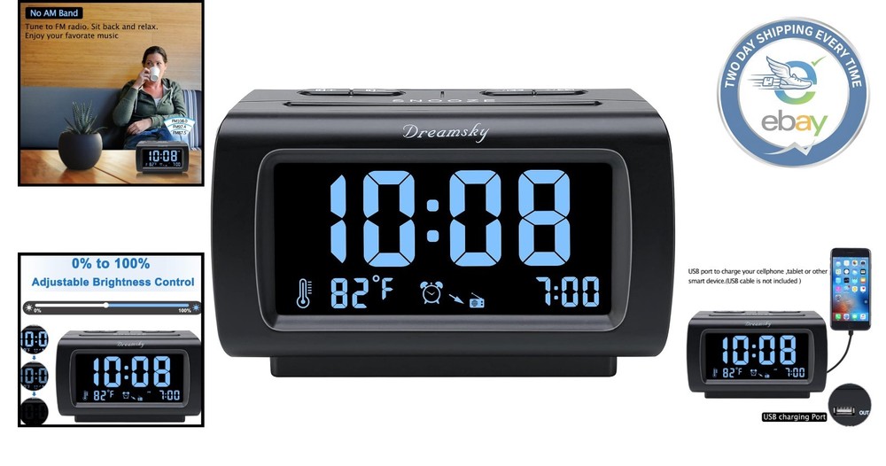 Large Display FM Alarm Clock with Adjustable Brightness & Temperature - Black