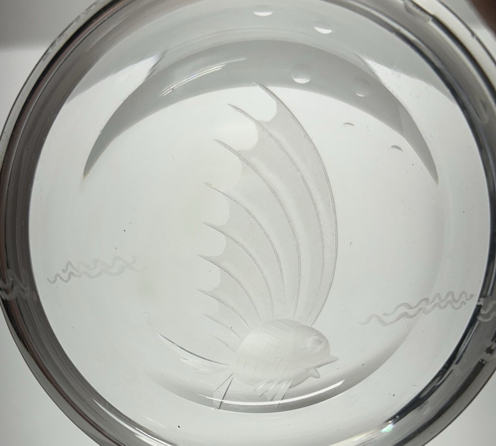 Relief Etched Glass Oval Trinket Dish Coaster - Fish - 4” - EUC