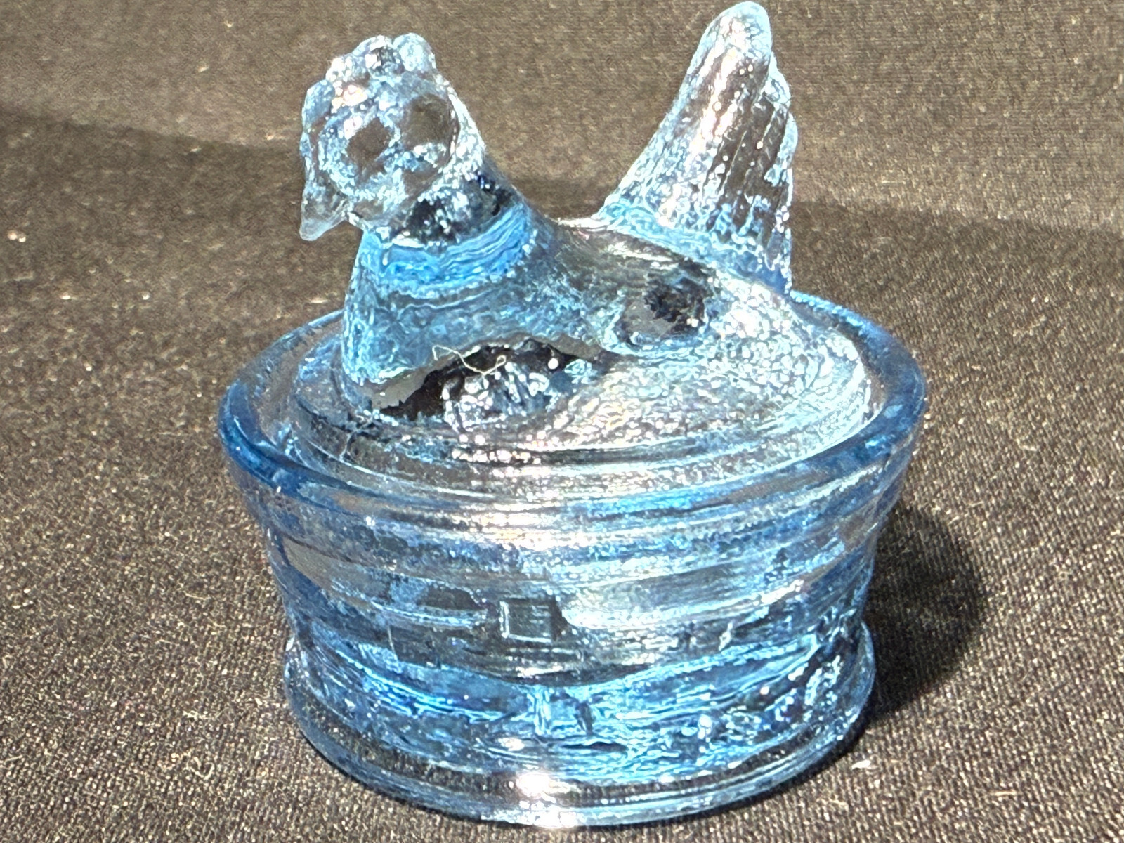 Blue Vaseline uranium glass Hen Chicken on nest basket eggs / salt cellar orange