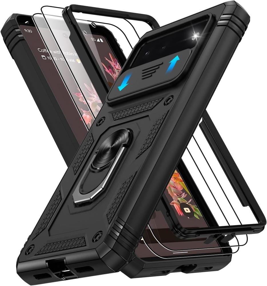 for Google Pixel 6 Case with 2 Screen Protector, Military Class with 360-Black