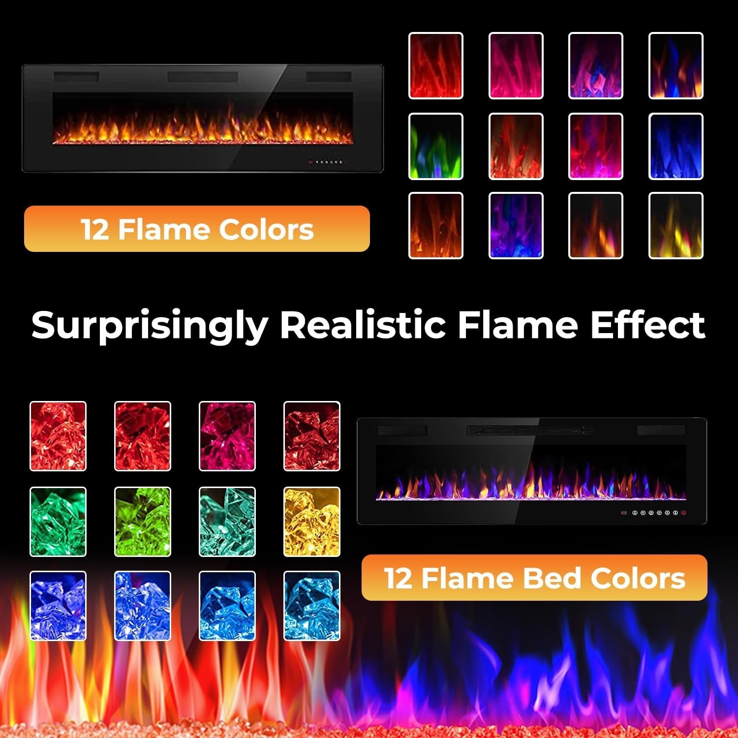 60" Electric Fireplace Recessed and Wall Mounted, 750/1500W Ultra-Thin Electric