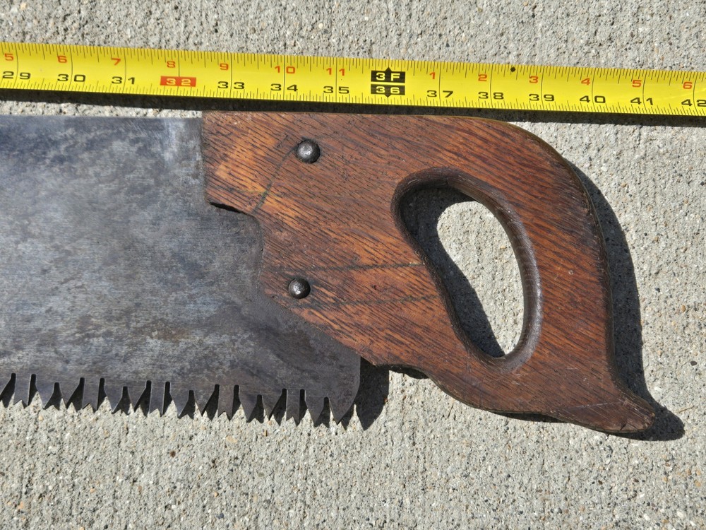 Vtg Crosscut Saw w 35.5" Blade, Odd Partial Etch, Champion Tooth Pattern