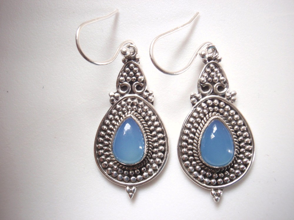 Chalcedony 100-Dots Accented 925 Sterling Silver Dangle Drop Earrings