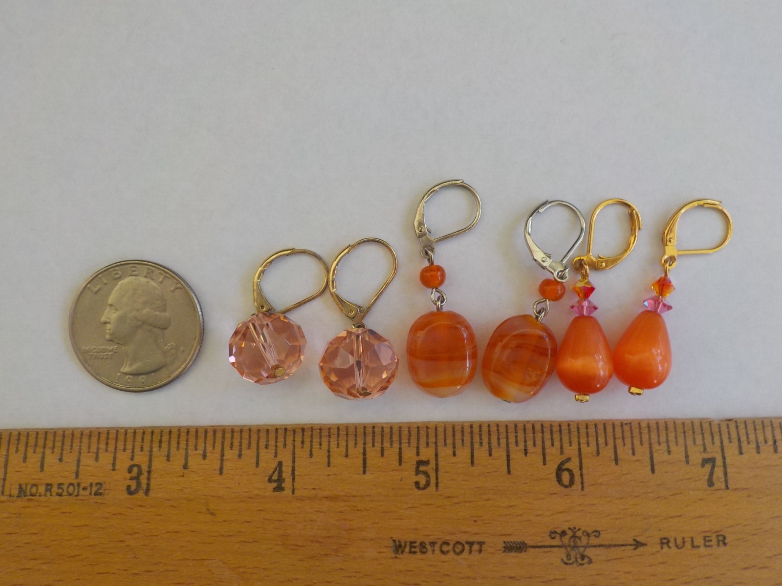 Earrings Pierced 3 Pair Dangle Drop Glass Stone Metal Orange Pink Lever Back