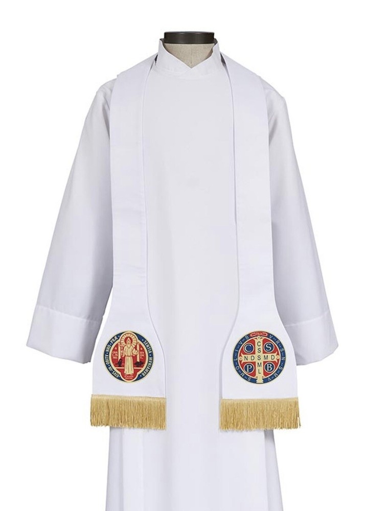 TRADITIONAL STYLE WHITE STOLE + SAINT BENEDICT