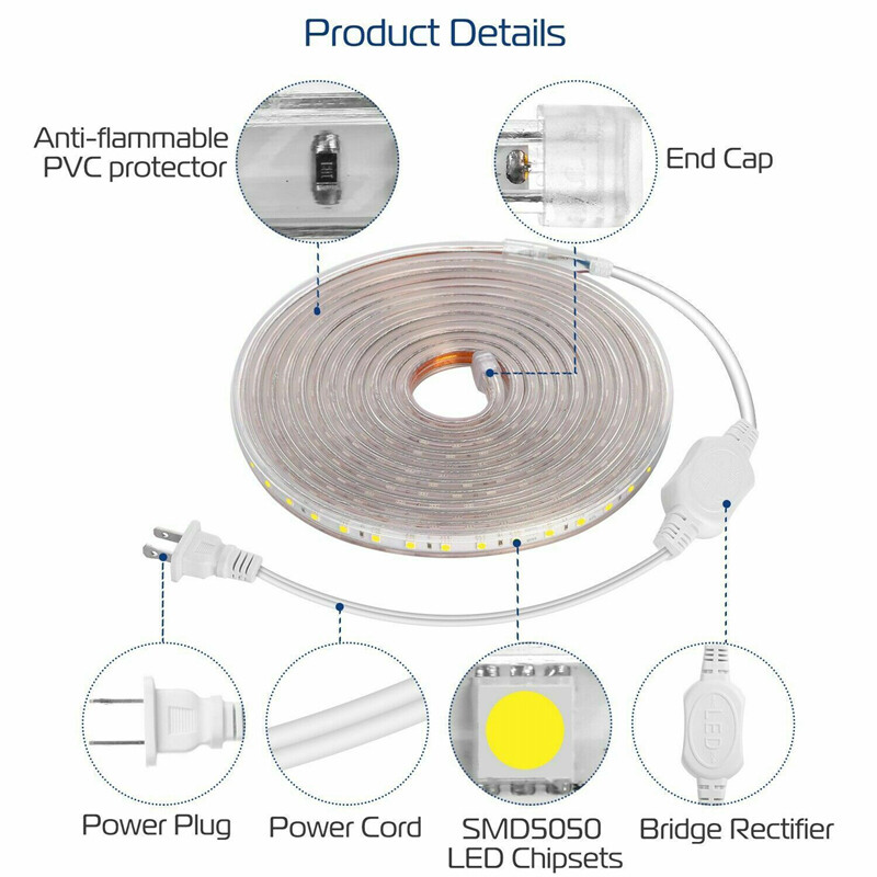 110V 5050 LED Strip Light Flexible Tape Lighting Rope Home Outdoor With US Plug