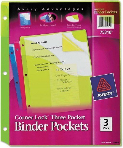 Avery 75310 Binder Pockets, Corner Lock, 20 Pg Cap., 3/PK, Assorted