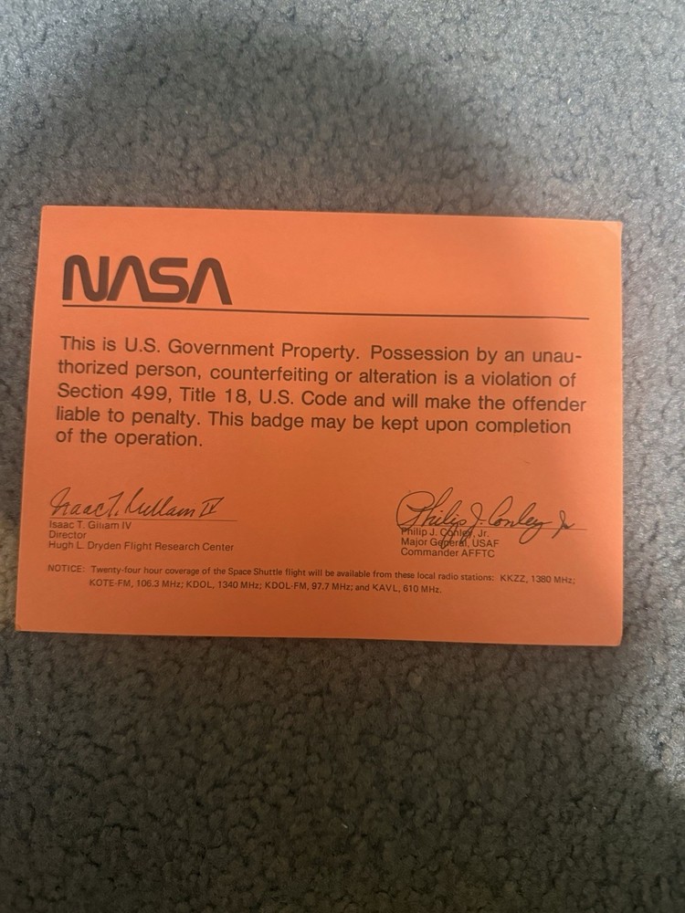NASA Space Shuttle First Landing Permit Viewing Site Pass Blank