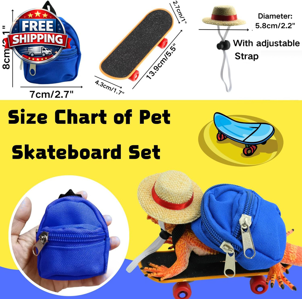 3 Pack Lizard Accessories: Backpack, Hat & Skateboard for Small Pets