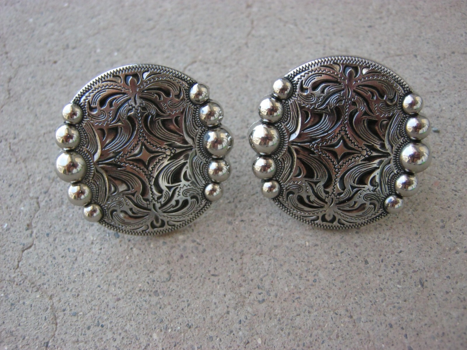 Engraved Nickel Plate Silver Spot Concho Browband Loop Back Rosette Set of 2