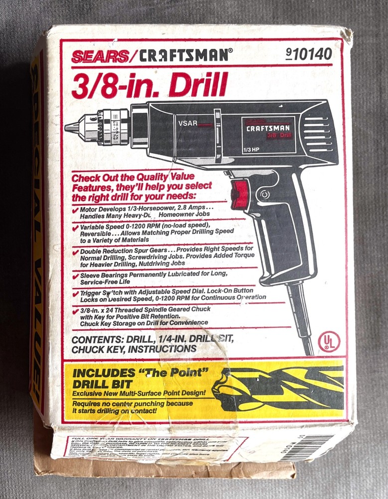 Sears Craftsman 3/8" Drill Corded Variable Speed Reversible,Model 315.101400+Bit