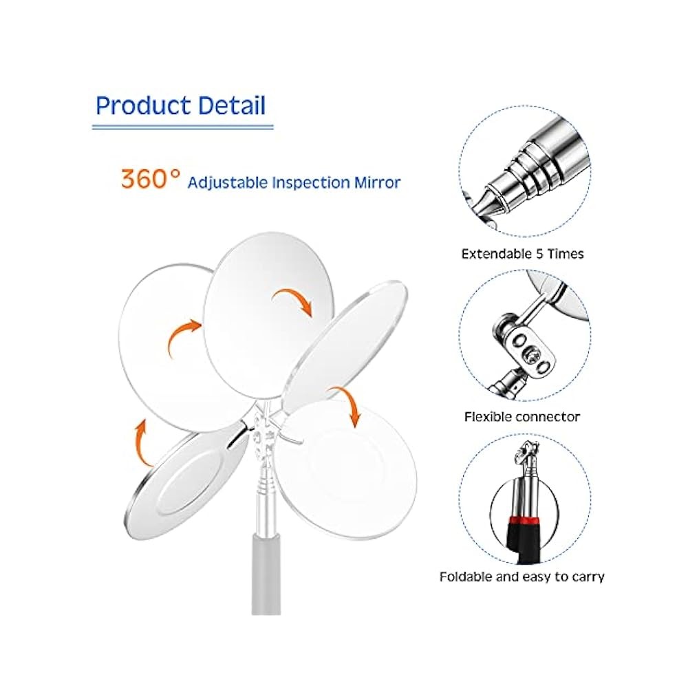 2-Piece Lighted Telescoping Inspection Mirror, LED, Flexible, with Tools