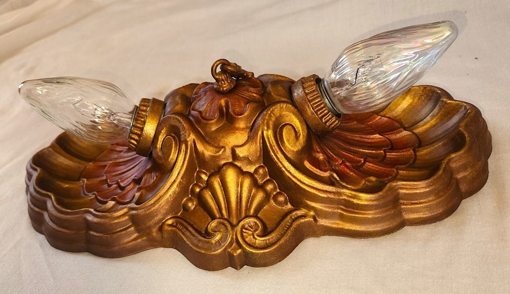 2 EA. ANTIQUE BRASS SHELL DESIGN CHANDELIERS FLUSH MOUNT CEILING FIXTURE 1930's