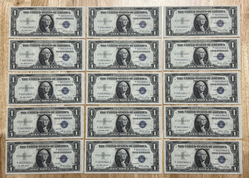 1935-E $1 Dollar Bill Silver Certificate Note 15 Pc Sequential 635I