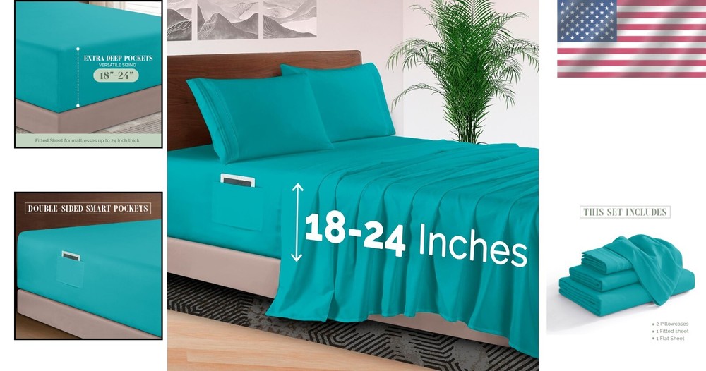 Extra Deep Pocket Queen Sheet Set - 1500 Thread Count Soft Teal Bedding