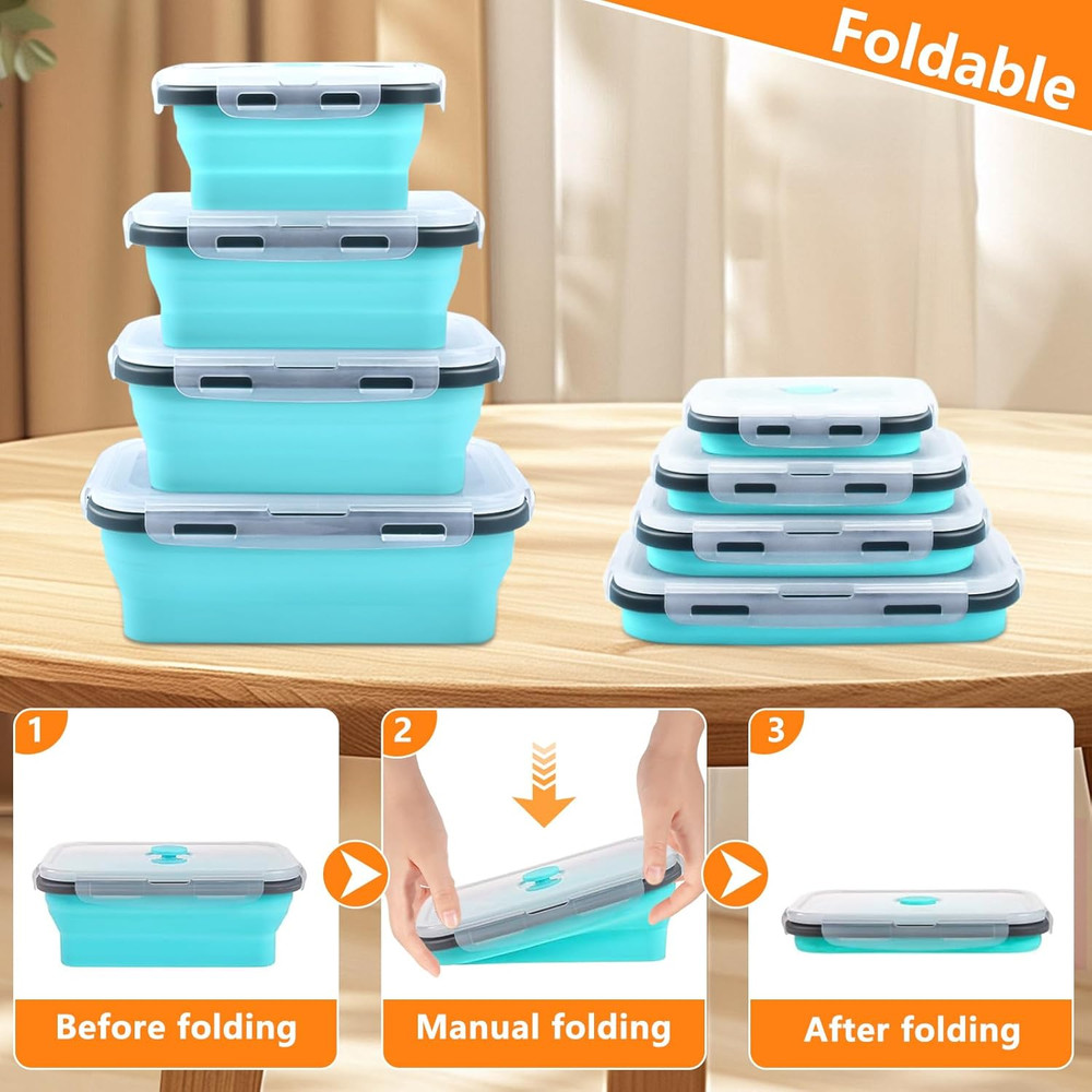 Collapsible Food Storage Containers with Lid & Air Vent, 4 Pack Rectangular Fold