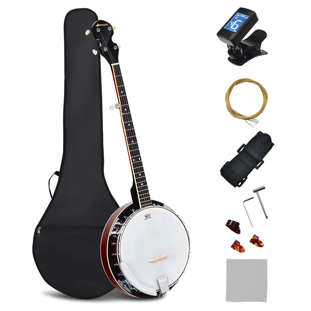 Sonart 5 String Geared Tunable Banjo 24 Brackets Closed Back Remo Head with Case