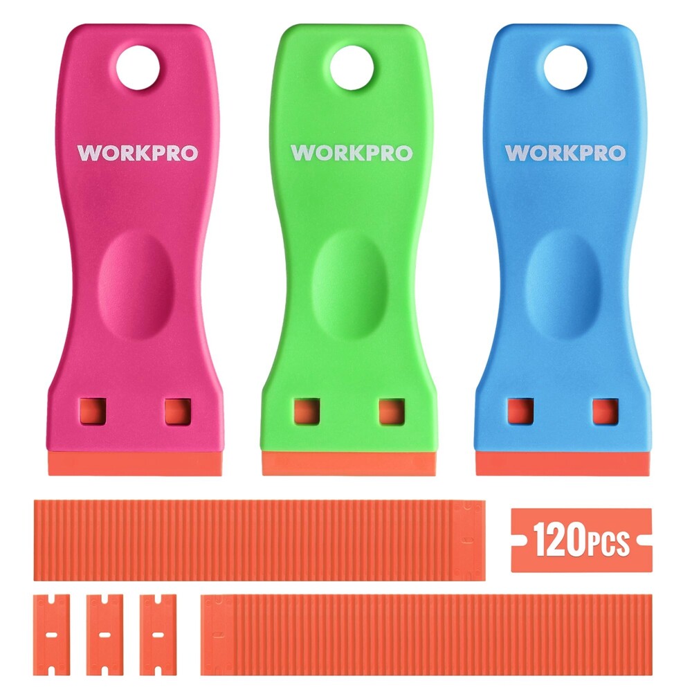 WORKPRO 3PC Razor Scraper Double Edged Sticker Removal 120PC Plastic Razor Blade