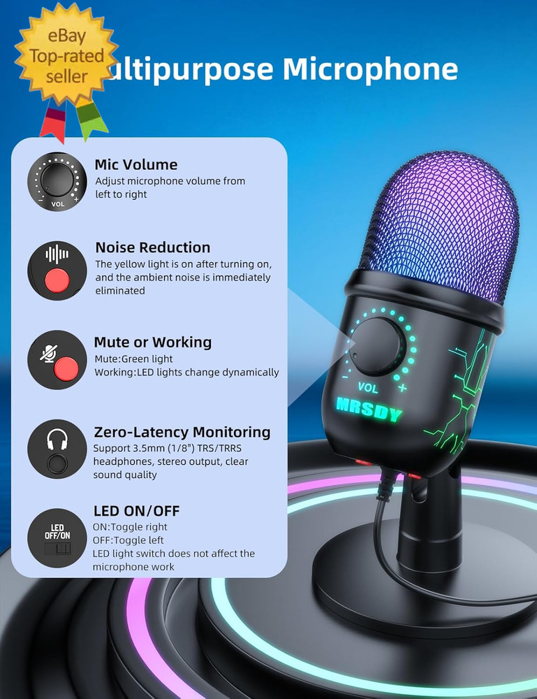 Gaming Microphone, USB Computer Microphone for PC, Mac, PS4/5, Condenser