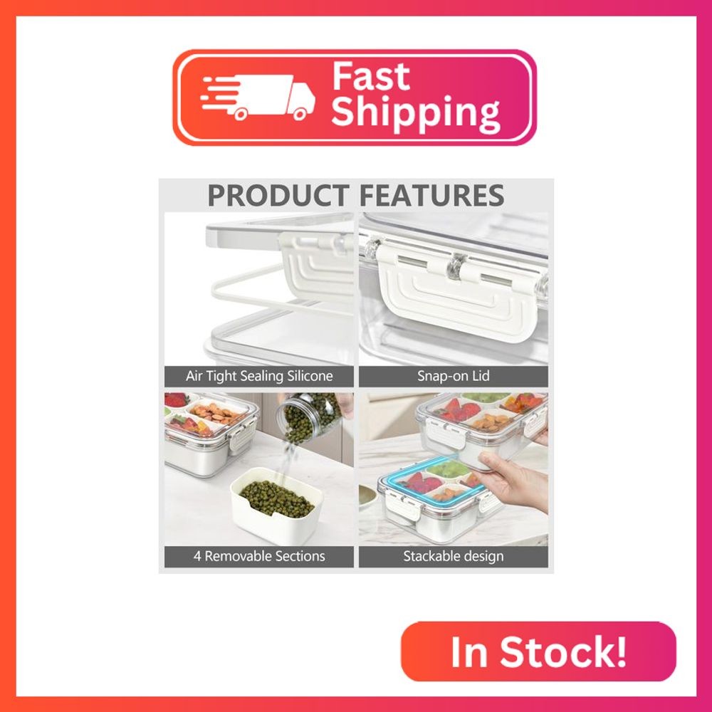 JINZORE Small Snackle Box Container, Divided Serving Tray with Lid, 4 Compartmen