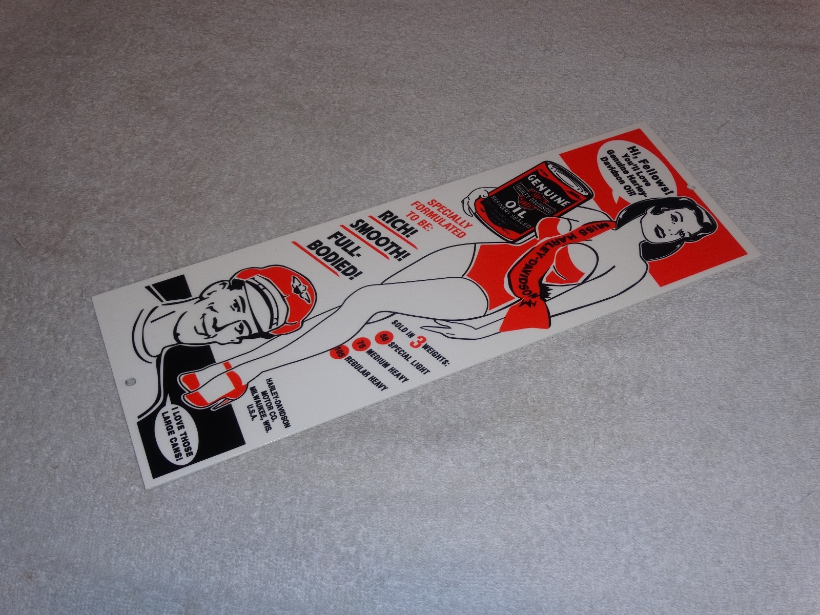 VINTAGE HARLEY DAVIDSON MOTORCYCLES WOMAN W/ LG OIL CANS 15" METAL GASOLINE SIGN