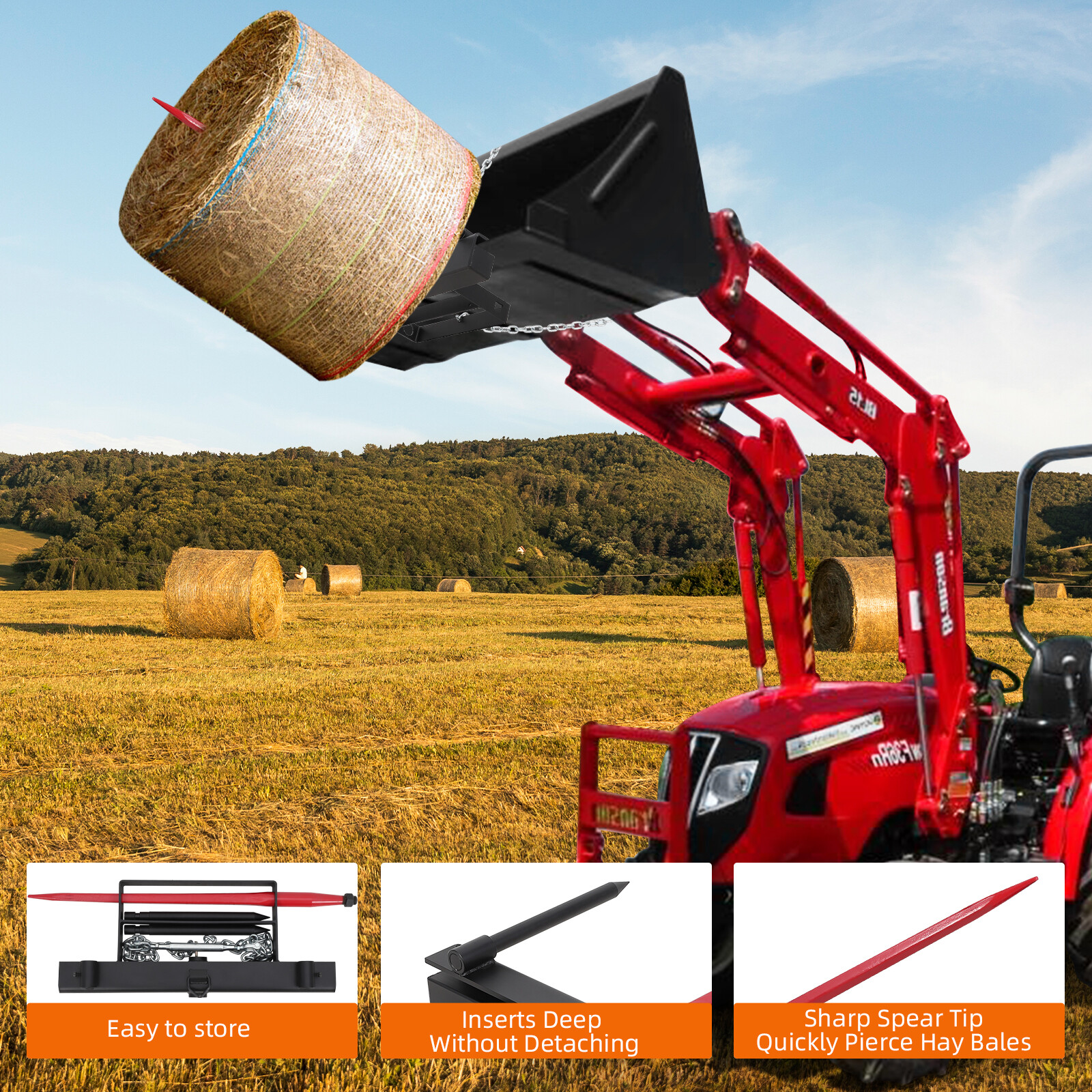 49" Hay Spear Bale Spear Skid Steer Loader Tractor Bucket Attachment Quick Attac