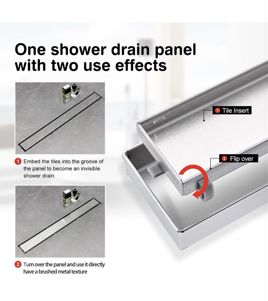 Linear Shower Drain, Shower Drain 54 inch with Flat & Tile Insert 2 in 1 Panel
