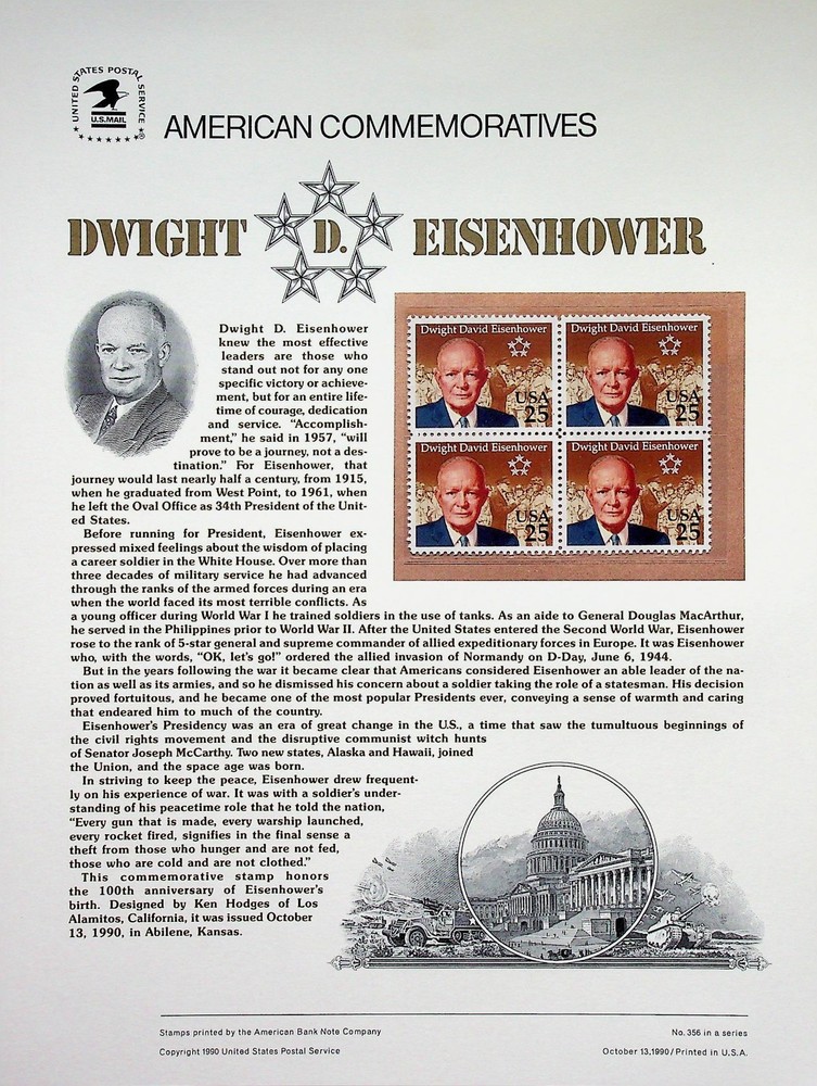 USPS Commemorative Stamp Panel 1990 #356 Dwight D. Eisenhower #2513