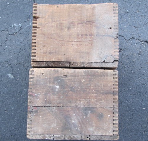a Pair (2) Antique DUPONT 25lb Red Cross DYNAMITE BOXES High Explosives CRATES