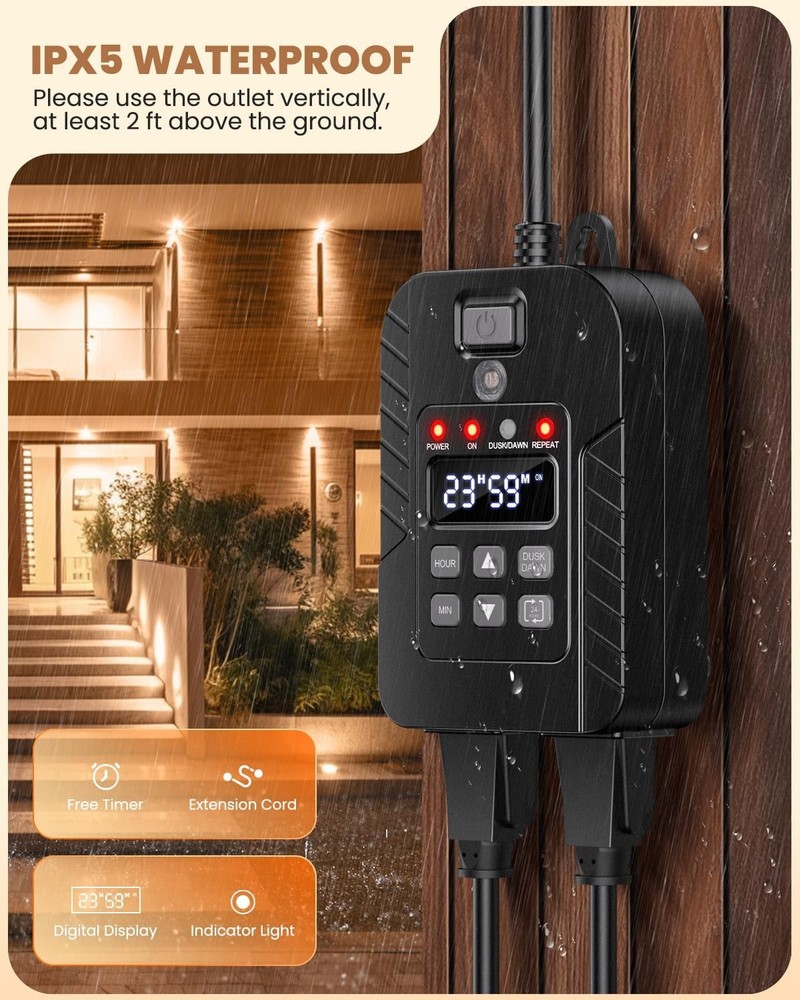 Outdoor Remote Control Outlet, ELECTOP Timer with Countdown & Black