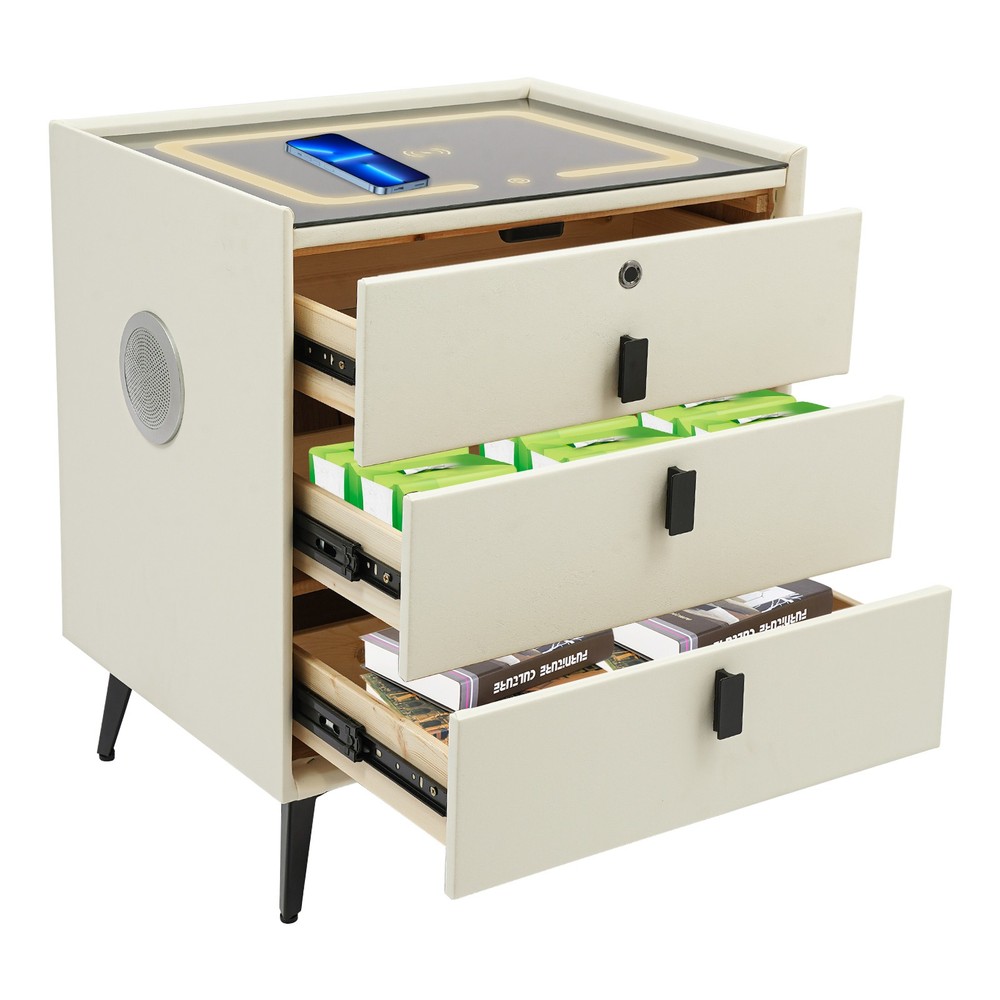 Bluetooth Nightstand Fingerprint Locking Drawer Wireless Charging 3 Color LED