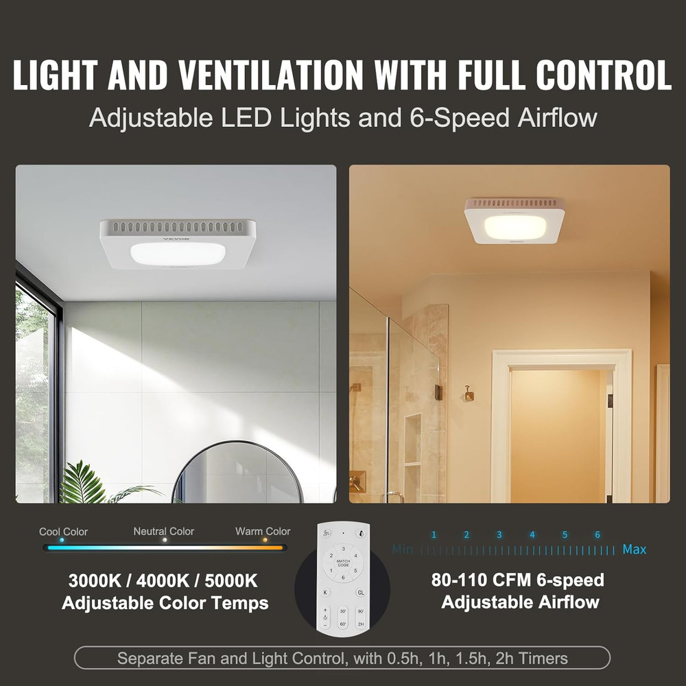 Bathroom Exhaust Fan, 110 CFM High-Efficiency Ventilation, Remote Control, 1.5So
