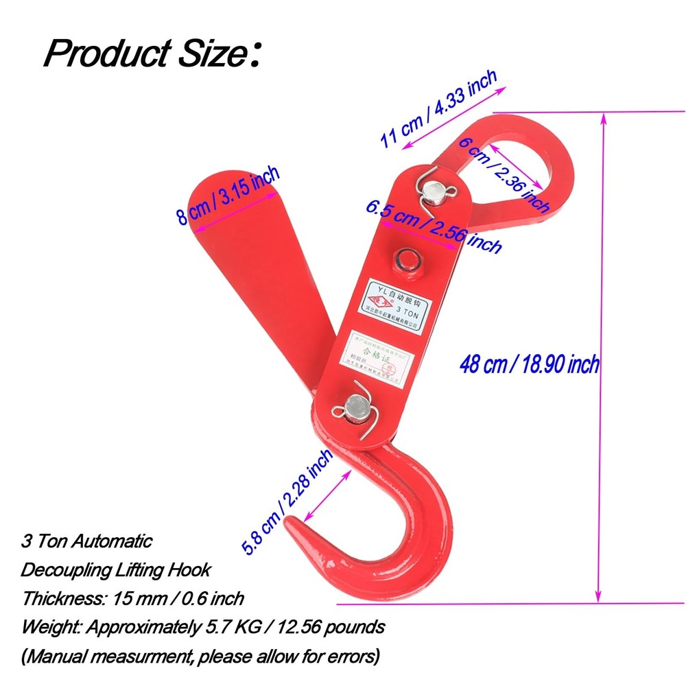 3 Ton Automatic Decoupling Lifting Hook,Thickened Alloy Steel Self-Dumping Fo...