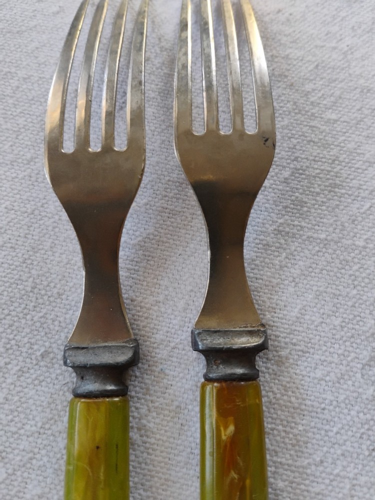 2 Vtg Green Bakelite Handled Dinner Forks Flatware