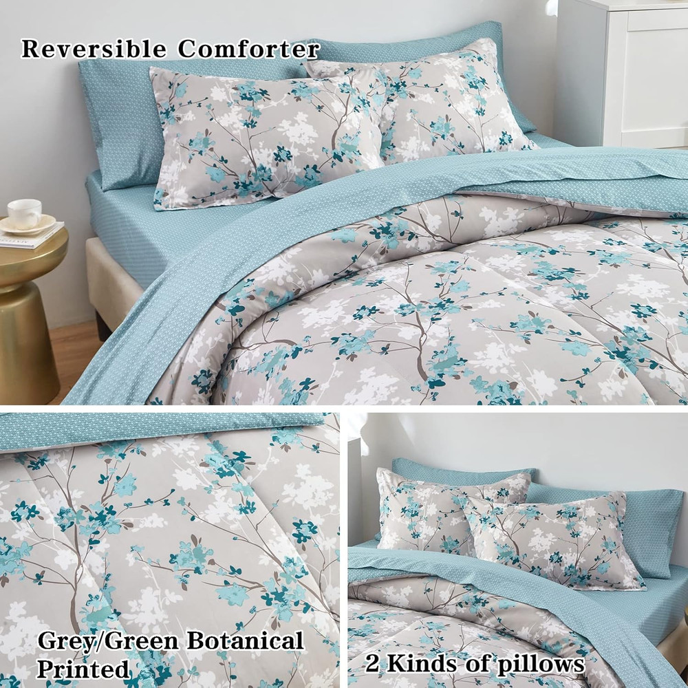 King Size 7-Piece Aqua Grey Botanical Comforter Bedding Set