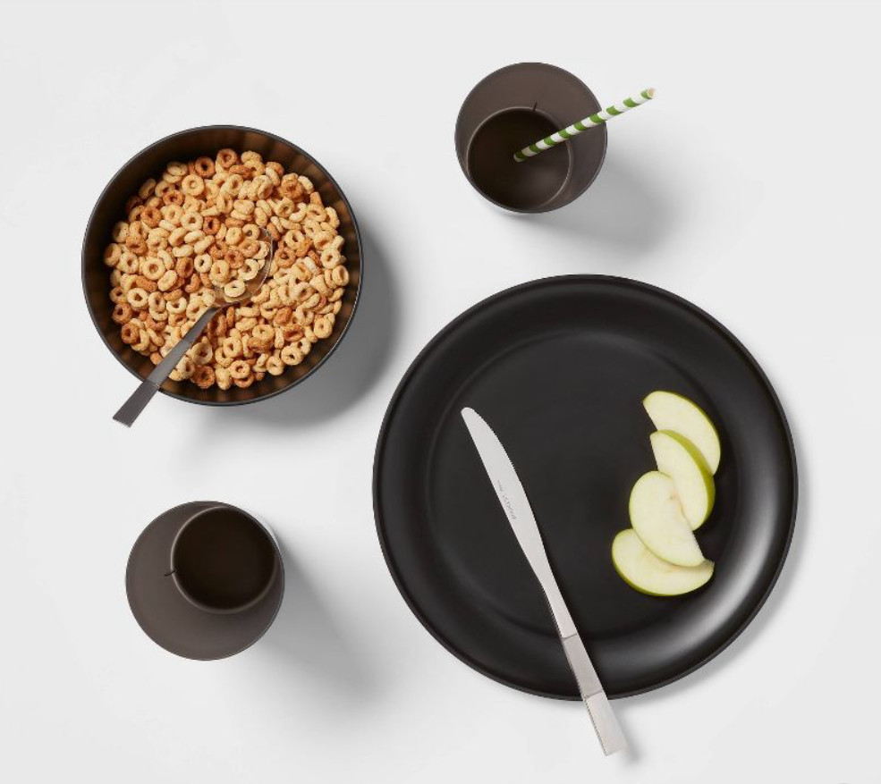 Essentials 20-Piece Wheat Straw Dinnerware-Set for 5, Matte Black, Washable, Pla