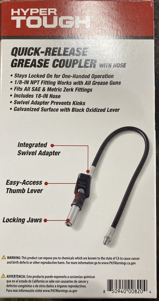 Hyper Tough Quick Release Grease Coupler With 18” Hose New