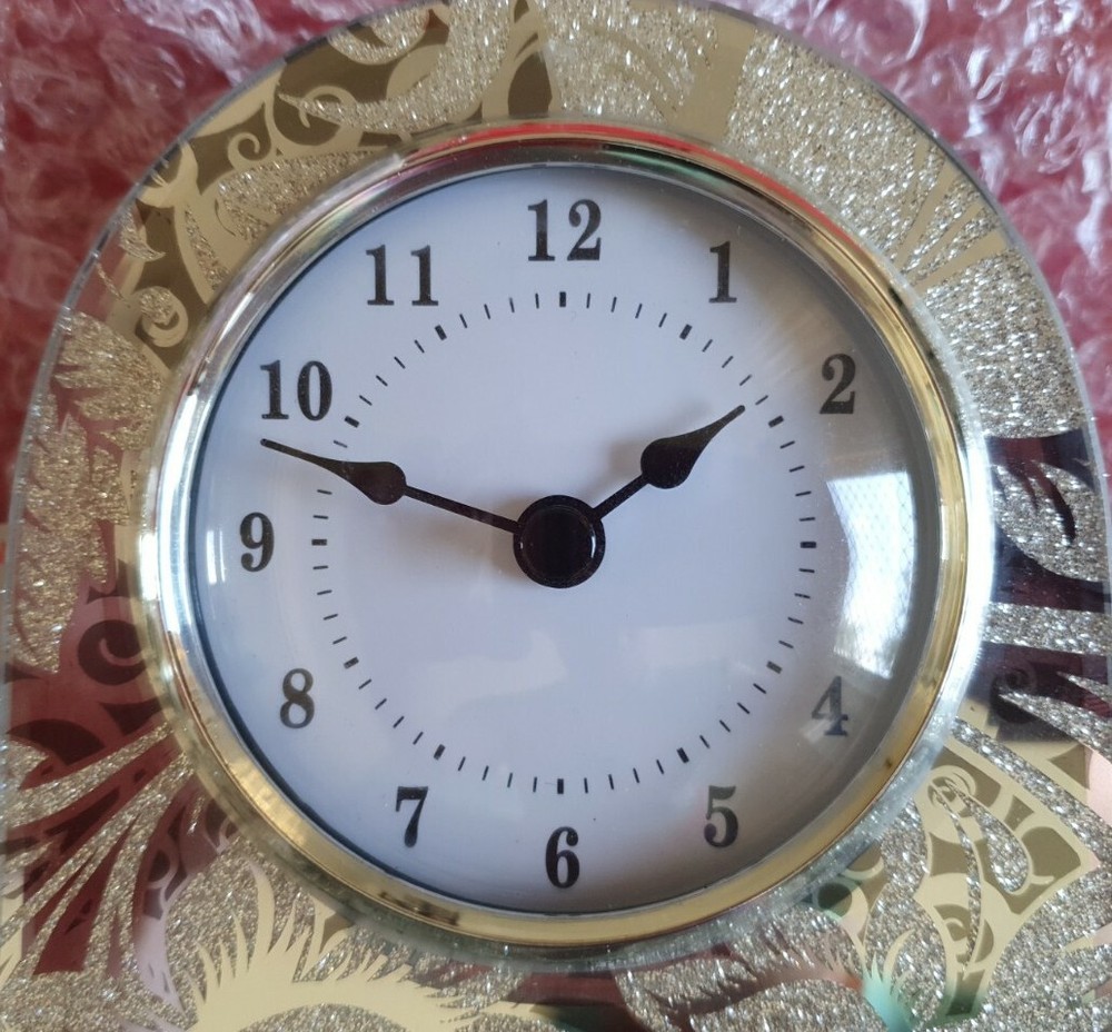 Glitzi Clock - 22cm Tall. Mirror Finish With Flower Glitter Pattern